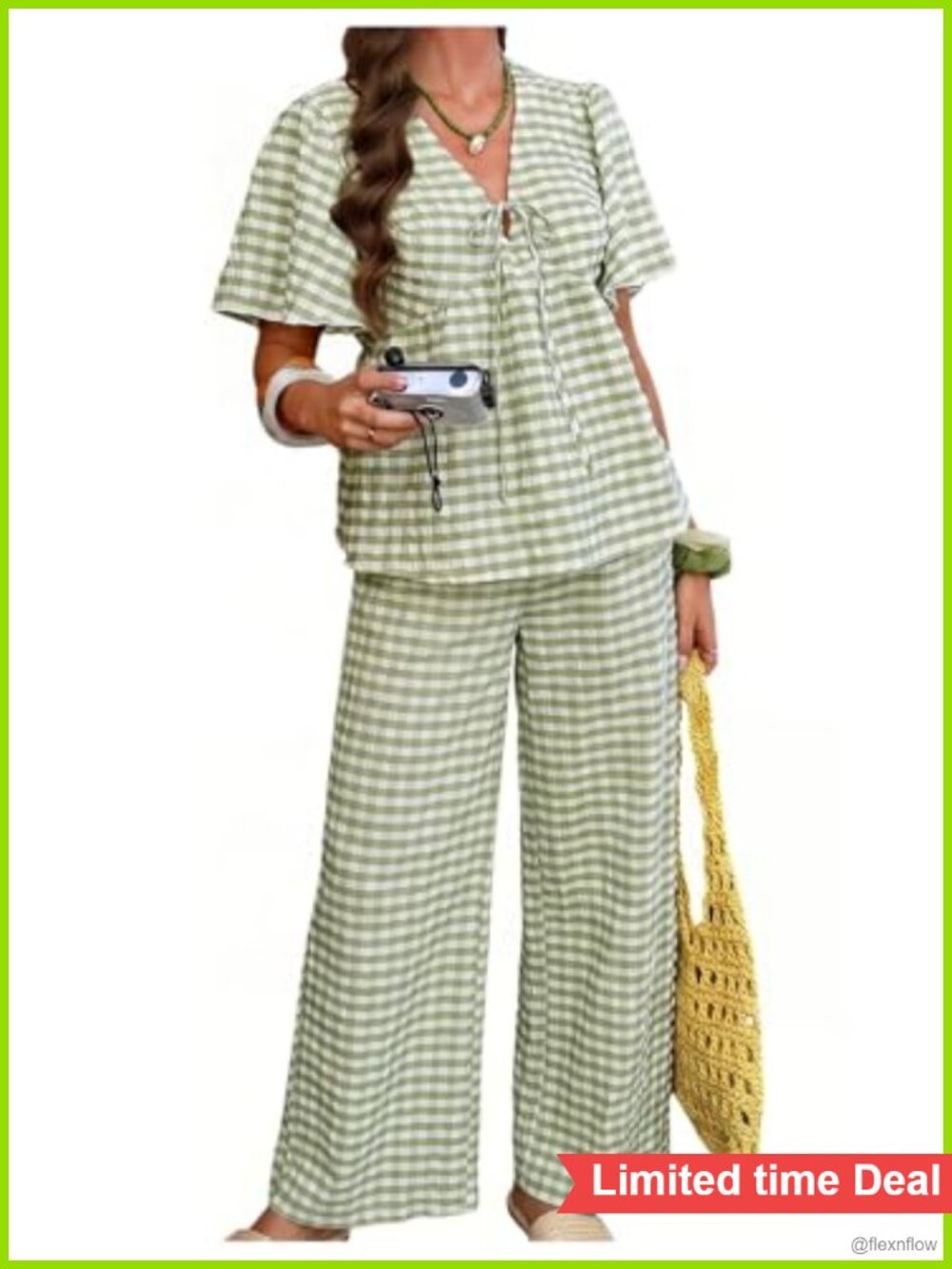 Women's 2 Piece Gingham Babydoll Top and Wide Leg Pants Set Ruffle Hem